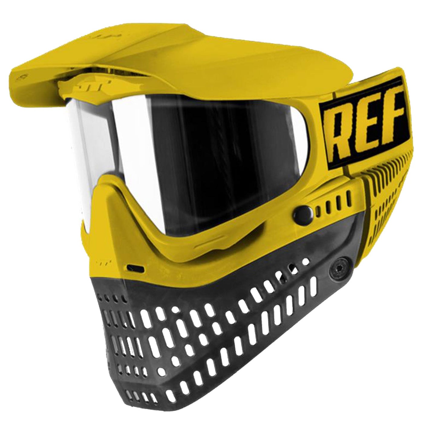 A yellow and black JT Proflex referee goggle with a Black face shield and black strap, featuring the text 'REFEREE' on the side.